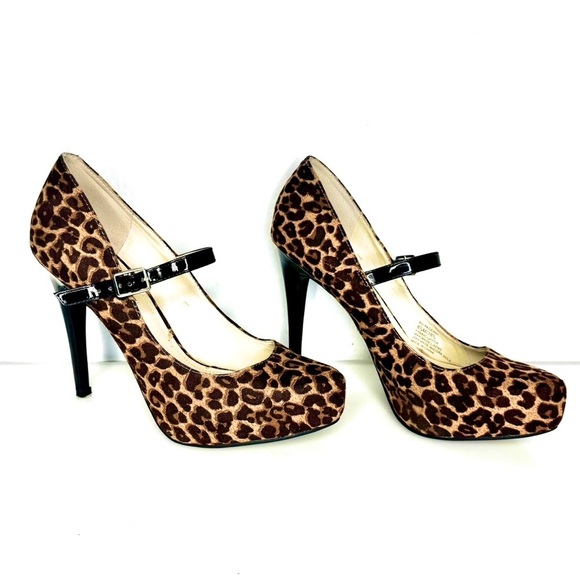 BCBGeneration Leopard Print Platform Stiletto Pumps with Ankle Strap - Picture 1 of 11